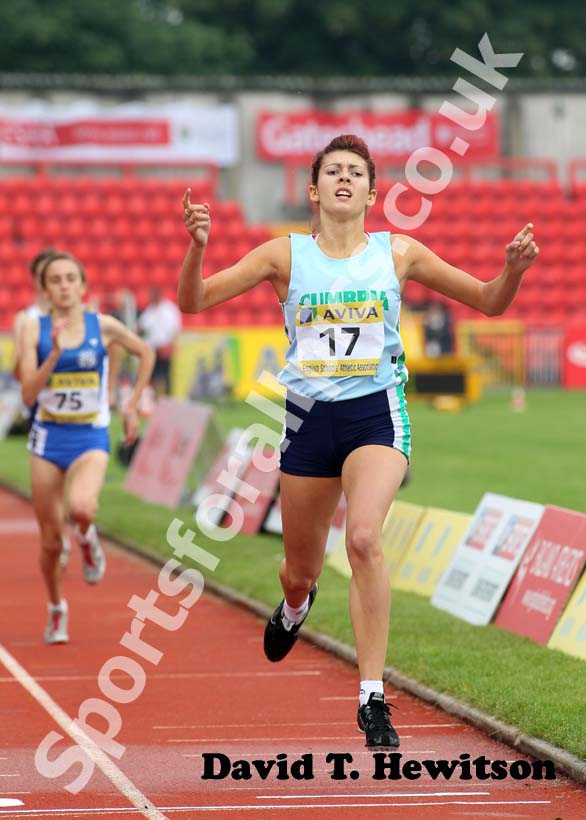 Chelsea Nugent (Cumbria) wins the Junior Girls 800 metres. 